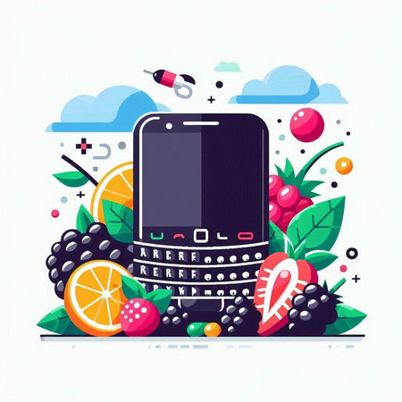 Mobile phone with fruits and berries. Vector flat illustration on white background.のイラスト素材