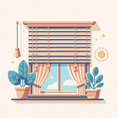 Vector illustration of a window with blinds and plants in pots.のイラスト素材