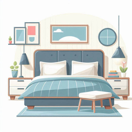 Bedroom interior. Vector illustration in cartoon style. Bedroom with bed and pillows.のイラスト素材