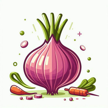Vector illustration of fresh red onion with green leaves on white background.のイラスト素材