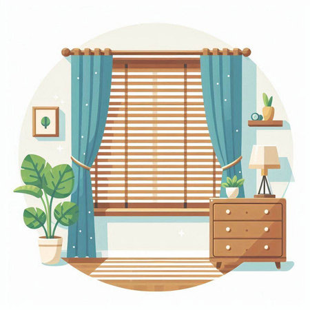 Vector illustration of a window with curtains and plants in a flat styleのイラスト素材