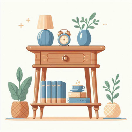 Vector illustration of a shelf with books, coffee cup, alarm clock and plants.のイラスト素材