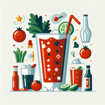 Colorful illustration of a glass of fresh tomato juice with ingredients.のイラスト素材