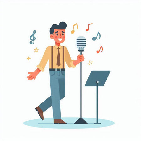 Man singing into microphone. Vector illustration in flat cartoon style isolated on white background.のイラスト素材