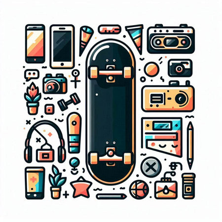 Skateboard, mobile phone, camera, headphones, headphones and other accessories. Vector illustration.のイラスト素材