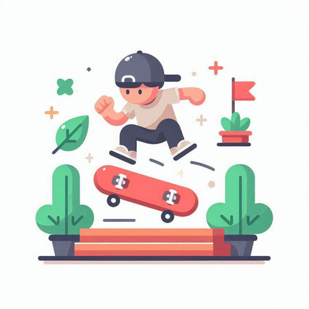 Skateboarder in sportswear jumping on skateboard. Flat vector illustrationのイラスト素材