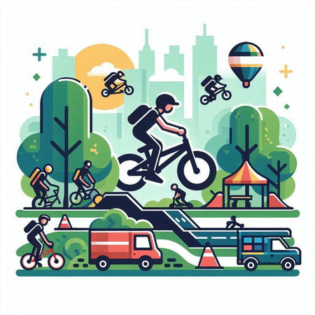 Bike race, flat vector illustration. Bicyclist riding a bike on a ramp in the park.のイラスト素材