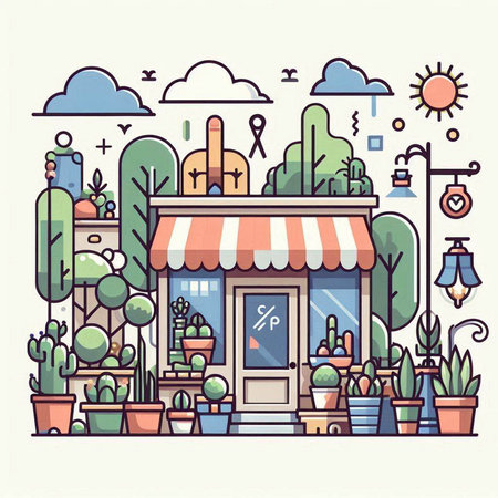 Flat line design style modern vector illustration of a flower shop with plants in pots.のイラスト素材