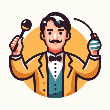 Vector illustration of a cartoon bartender in a yellow suit holding a microphone.のイラスト素材
