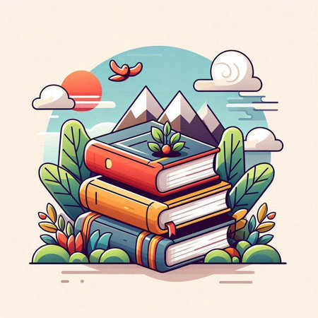 Vector illustration of a mountain landscape with a stack of books and trees.のイラスト素材