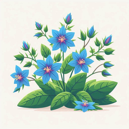Blue flowers with green leaves on a light background. Vector illustration.のイラスト素材