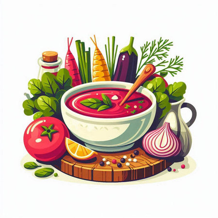 Tomato soup with fresh vegetables. Vector illustration in cartoon style.のイラスト素材