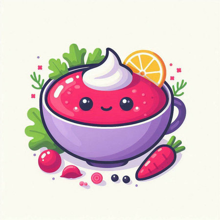 Cute kawaii beetroot soup in bowl. Vector illustration.のイラスト素材