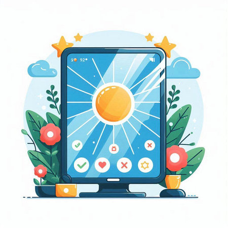 Smartphone with sun on screen. Vector illustration in flat style.のイラスト素材