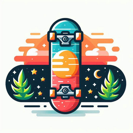 Skateboard on the background of the night sky. Vector illustration.のイラスト素材
