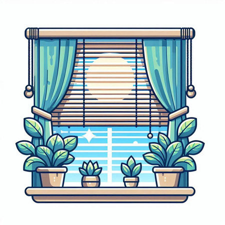 Window with curtains and plants. Vector illustration in doodle style.のイラスト素材