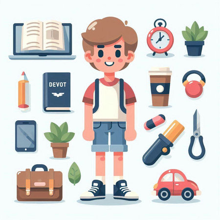 Back to school concept. Vector illustration in flat style. Boy with backpack, backpack, books, mobile phone, stationery, pencils, coffee cup, notebook, alarm clock.のイラスト素材