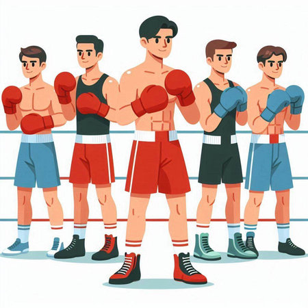 Boxing men in red and blue gloves. Vector cartoon illustration.のイラスト素材