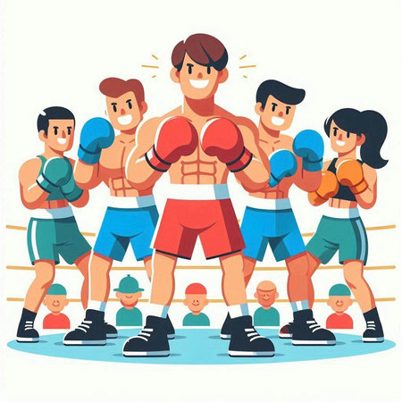 Boxing match. Group of people in boxing gloves. Vector illustrationのイラスト素材