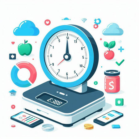 Time is money concept. Electronic scales, smartphone and apple. Vector illustrationのイラスト素材