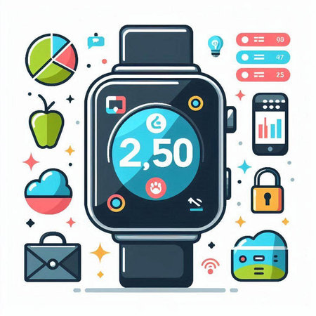 Smart watch with different icons. Vector illustration in thin line style.のイラスト素材