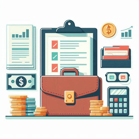 Briefcase with money, calculator, wallet and documents. Vector illustrationのイラスト素材