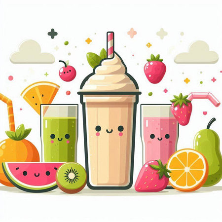 Funny cartoon smoothie with fruits and berries, vector illustration.のイラスト素材