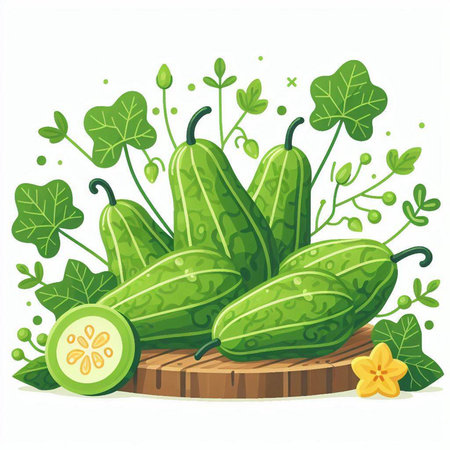 Cucumber on a wooden board with leaves. Vector illustration.のイラスト素材