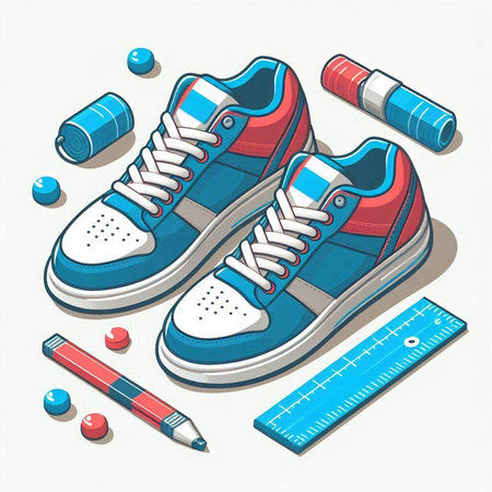 Sneakers and stationery set. Isometric vector illustration.のイラスト素材