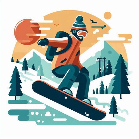 Snowboarder riding a snowboard in the mountains. Vector illustration.のイラスト素材