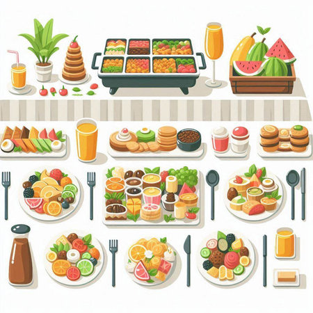 Breakfast table with fruits and berries. Vector illustration in cartoon styleのイラスト素材