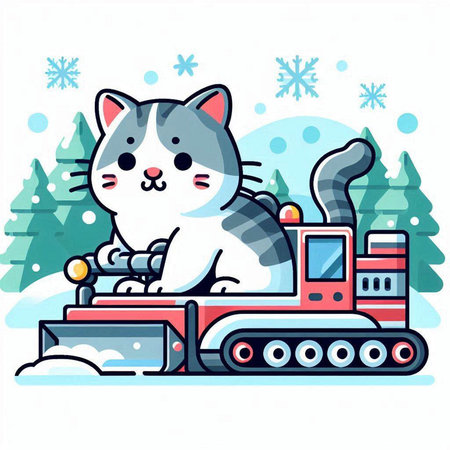 Vector illustration of cute cat with a toy train in the winter forestのイラスト素材