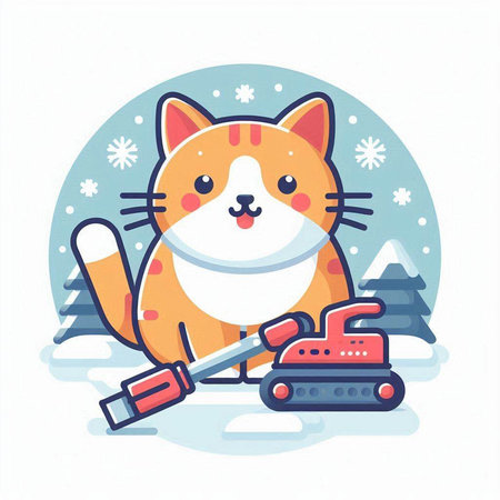 Cute cartoon cat with snowman and snowmobile. Vector illustration.のイラスト素材