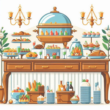 Restaurant counter with food. Vector illustration in cartoon style.のイラスト素材