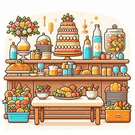 Vector illustration of a bakery shop with a variety of fruits and vegetables.のイラスト素材