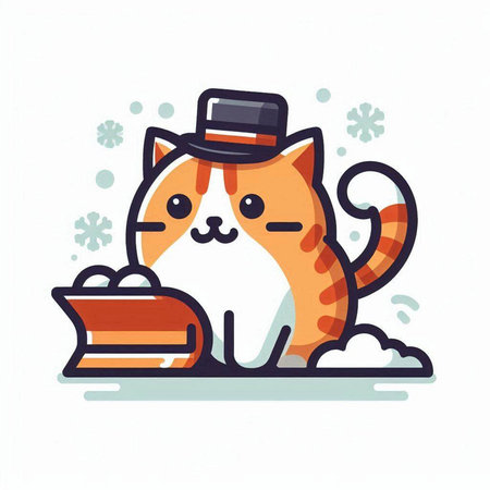 Cute cat with a hat and a bowl of food. Vector illustration.のイラスト素材