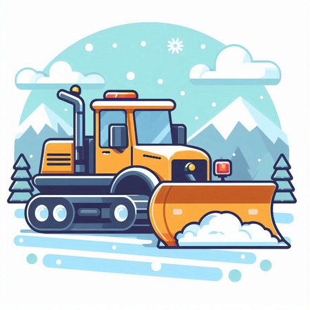 Snowplow with snowflakes. Vector illustration in flat style.のイラスト素材