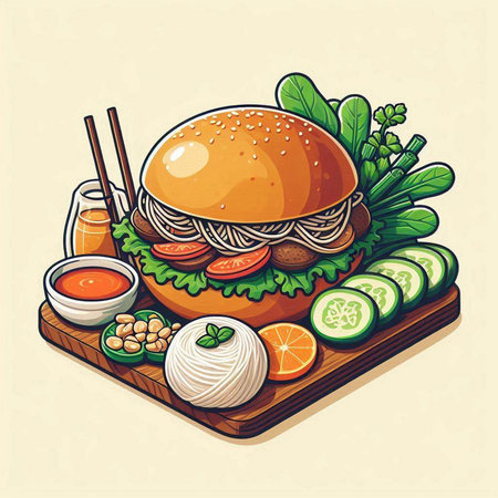 Burger with vegetables and sauce on wooden board. Vector illustration.のイラスト素材
