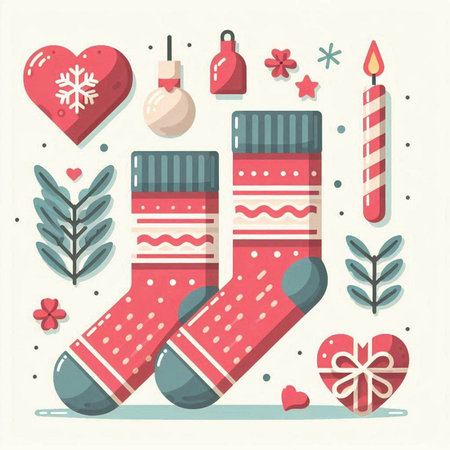 Set of Christmas elements. Vector illustration in flat style. Colorful socks on a light background.のイラスト素材