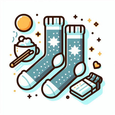 Vector illustration of Christmas socks, snowflakes, hot chocolate, gingerbread and candles in flat line style.のイラスト素材