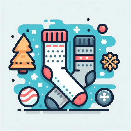 Vector illustration of Christmas and New Year flat line icons set - socks, christmas tree, snowflakes, balls. Design for banner, poster or print.のイラスト素材
