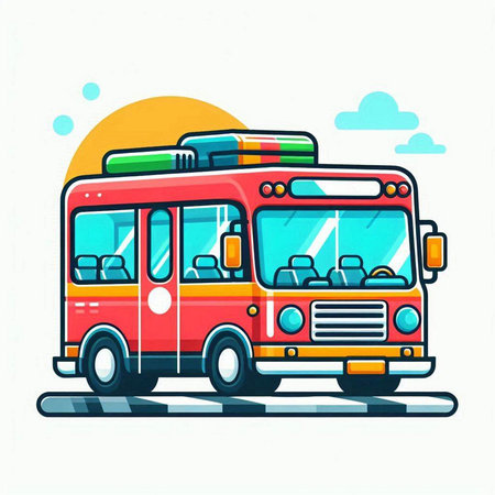 Red bus with luggage on wheels. Vector illustration in flat style.のイラスト素材