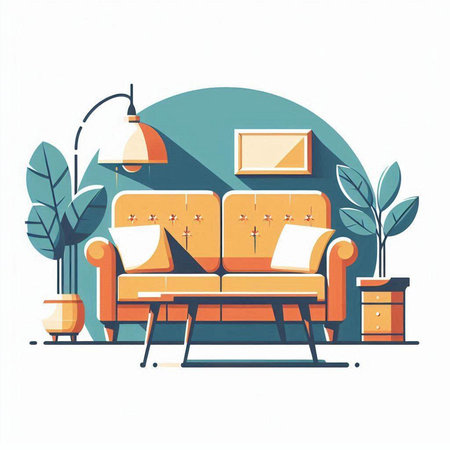 Living room with sofa, lamp and plants. Flat style vector illustration.のイラスト素材