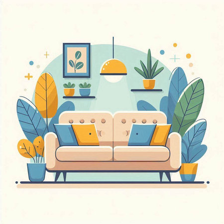 Living room with sofa and plants. Vector illustration in flat style.のイラスト素材
