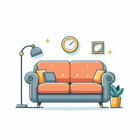 Living room with sofa, coffee table, lamp and plant. Flat vector illustration.のイラスト素材