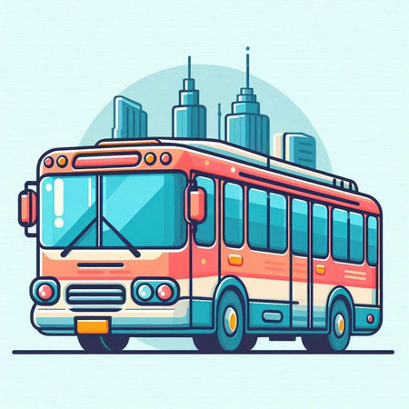 Bus in the city. Vector illustration in flat style on blue background.のイラスト素材
