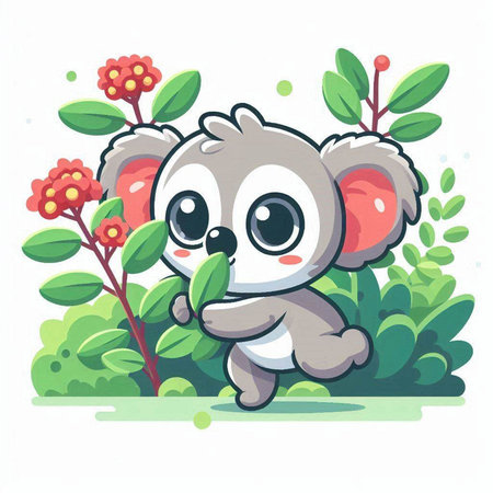 Cute cartoon koala with flowers in the garden. Vector illustration.のイラスト素材