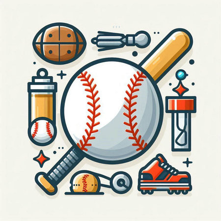 Sport equipment and accessories. Baseball, baseball bat, ball, bat, ball, ice cream. Vector illustration.のイラスト素材