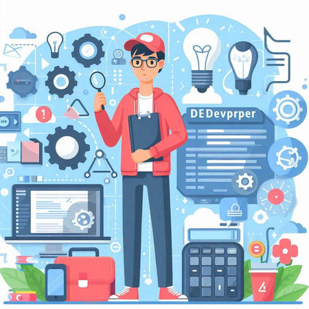 Flat design vector illustration concept of software development, software development, coding and programming. Young man in glasses and cap standing near computer and holding clipboard.のイラスト素材