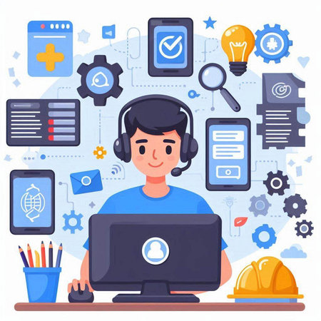 Technical support concept. Young man in headset working with computer. Vector illustrationのイラスト素材